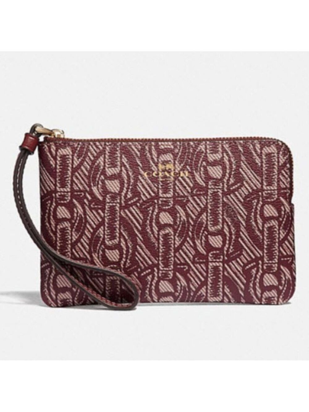 Coach red wristlet corner zip with chain print